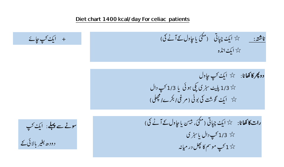 diet chart 1400 Kcal in urdu for celiac disease