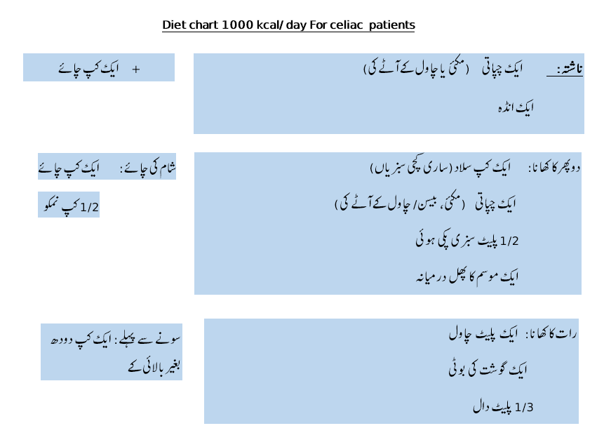 diet chart 1000 Kcal in urdu for celiac disease
