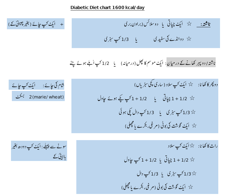 1600 Kcal diet chart for diabetic patients in Urdu